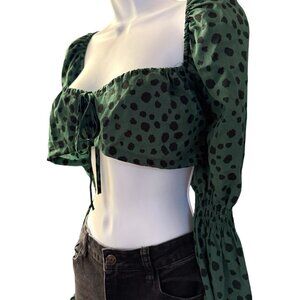 Green Polka Dot Semi Sheer Cropped Boho Top with Tied Front - Size Large